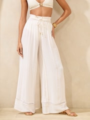 Lipsy White Wide Leg Sparkle Stripe Beach Trousers - Image 1 of 4