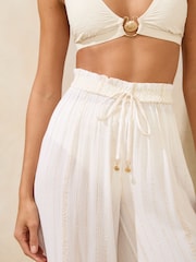 Lipsy White Wide Leg Sparkle Stripe Beach Trousers - Image 2 of 4