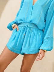 Lipsy Aqua Blue Beach Shorts with Pom Trim - Image 1 of 4