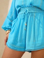 Lipsy Aqua Blue Beach Shorts with Pom Trim - Image 3 of 4