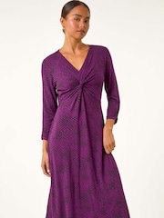 Roman Purple Petite Twist Front V-Neck Midi Dress - Image 1 of 5