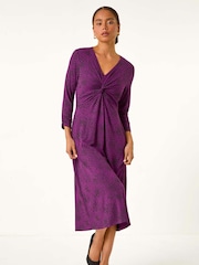 Roman Purple Petite Twist Front V-Neck Midi Dress - Image 2 of 5