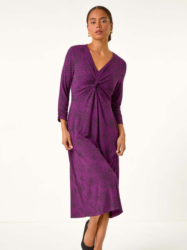 Roman Purple Petite Twist Front V-Neck Midi Dress - Image 2 of 5