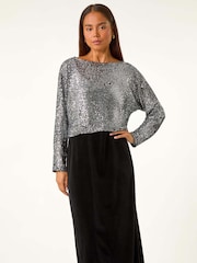 Roman Black Petite Constrast Sequin Velvet Dress - Image 3 of 6
