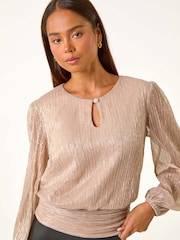 Roman Pink Petite Crinkle Keyhole Shimmer Top - Image 1 of 5