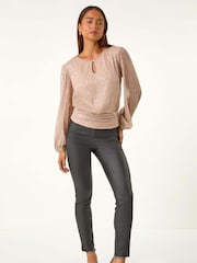 Roman Pink Petite Crinkle Keyhole Shimmer Top - Image 2 of 5