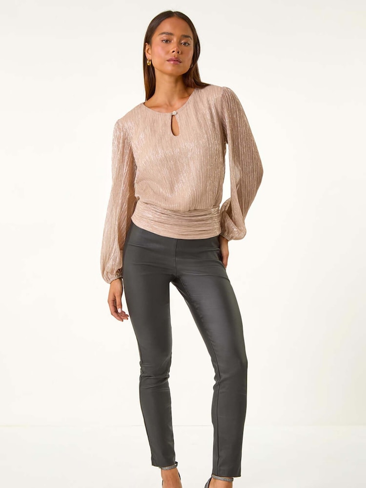 Roman Pink Petite Crinkle Keyhole Shimmer Top - Image 2 of 5