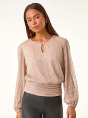 Roman Pink Petite Crinkle Keyhole Shimmer Top - Image 4 of 5