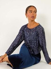 Roman Blue Petite Constrast Sequin Velvet Dress - Image 1 of 5