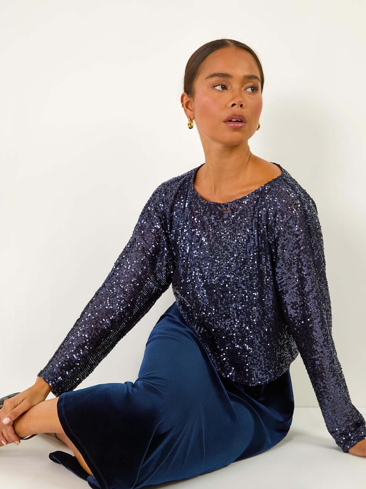 Roman Blue Petite Constrast Sequin Velvet Dress - Image 1 of 5