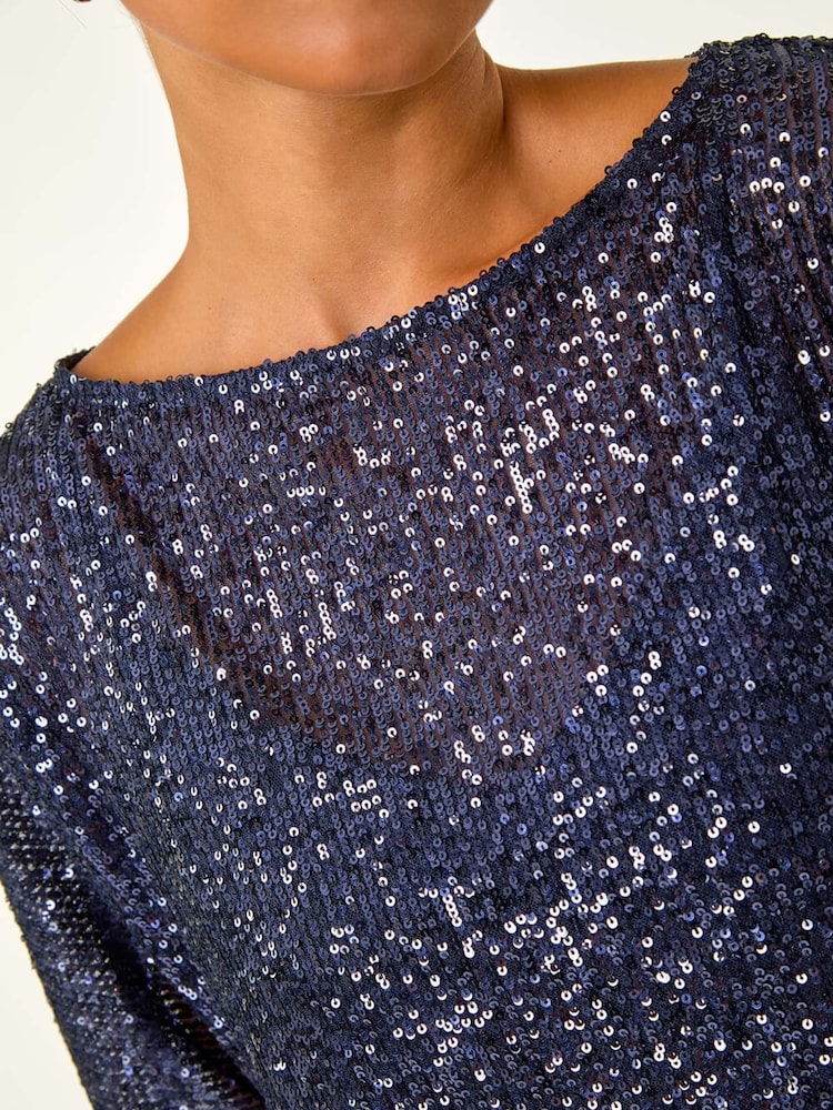 Roman Blue Petite Constrast Sequin Velvet Dress - Image 5 of 5
