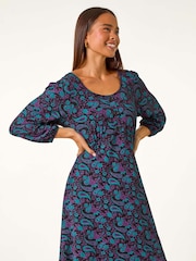 Roman Purple Petite Paisley Print Button Stretch Dress - Image 1 of 5