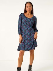 Roman Purple Petite Paisley Print Button Stretch Dress - Image 2 of 5