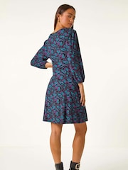 Roman Purple Petite Paisley Print Button Stretch Dress - Image 3 of 5