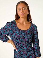 Roman Purple Petite Paisley Print Button Stretch Dress - Image 4 of 5