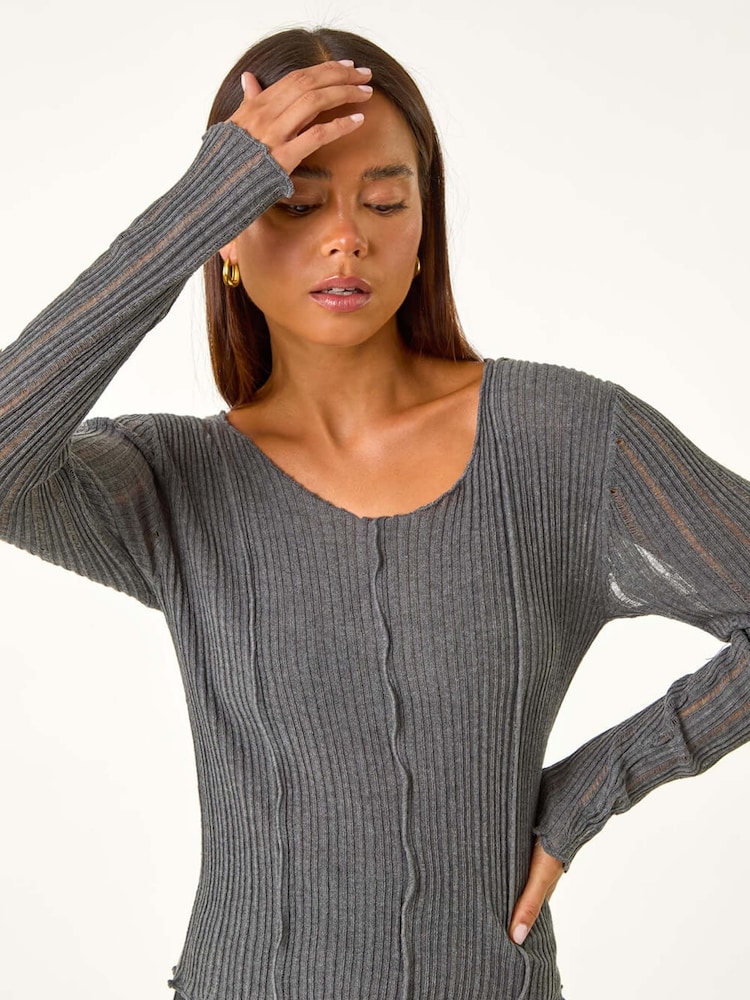 Roman Grey Petite Pointelle Sleeve Jumper - Image 4 of 4