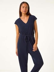 Roman Blue Petite Tie Waist Rib Jersey Jumpsuit - Image 1 of 5