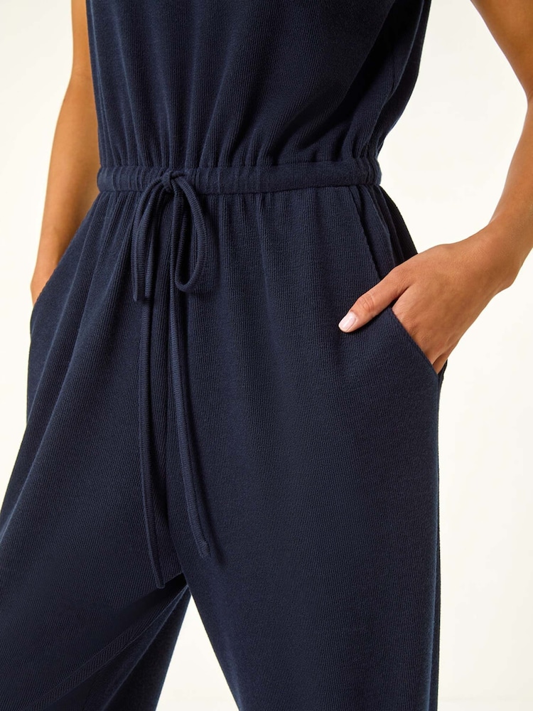 Roman Blue Petite Tie Waist Rib Jersey Jumpsuit - Image 5 of 5