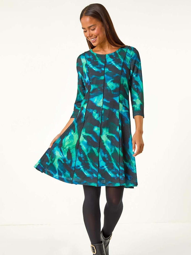 Roman Green Petite Abstract Print Seam Detail Dress - Image 1 of 6