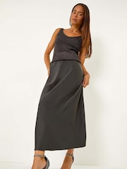 Roman Black Petite Satin Bias Cut Skirt - Image 1 of 4