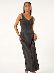 Roman Black Petite Satin Bias Cut Skirt - Image 2 of 4