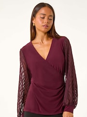 Roman Red Petite Jacquard Contrast V-Neck Wrap Top - Image 1 of 5