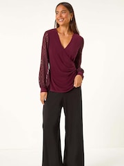 Roman Red Petite Jacquard Contrast V-Neck Wrap Top - Image 2 of 5