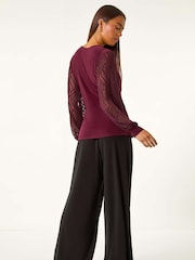 Roman Red Petite Jacquard Contrast V-Neck Wrap Top - Image 3 of 5