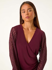 Roman Red Petite Jacquard Contrast V-Neck Wrap Top - Image 4 of 5