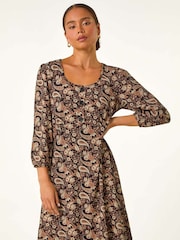 Roman Brown Petite Paisley Print Button Stretch Dress - Image 1 of 5