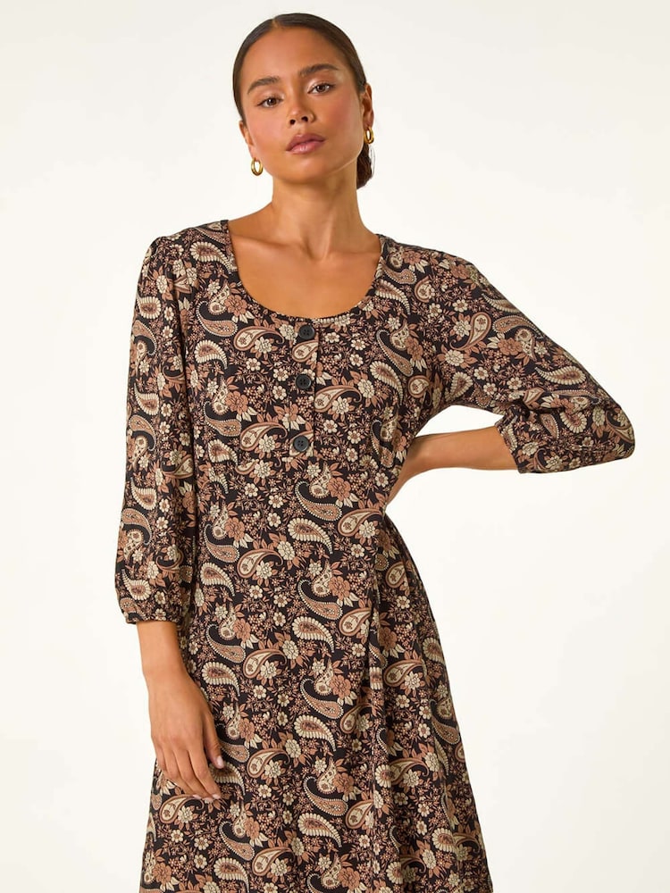 Roman Brown Petite Paisley Print Button Stretch Dress - Image 1 of 5