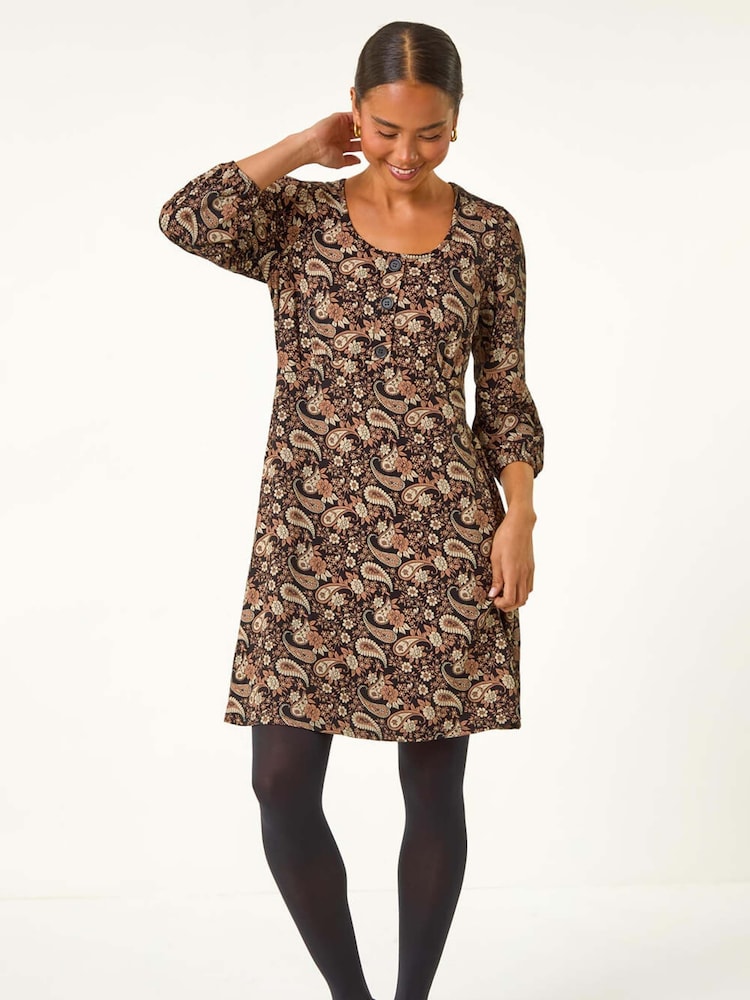 Roman Brown Petite Paisley Print Button Stretch Dress - Image 2 of 5