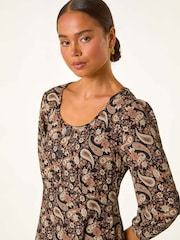 Roman Brown Petite Paisley Print Button Stretch Dress - Image 4 of 5