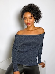 Roman Blue Petite Metallic Bardot Knit Top - Image 1 of 7