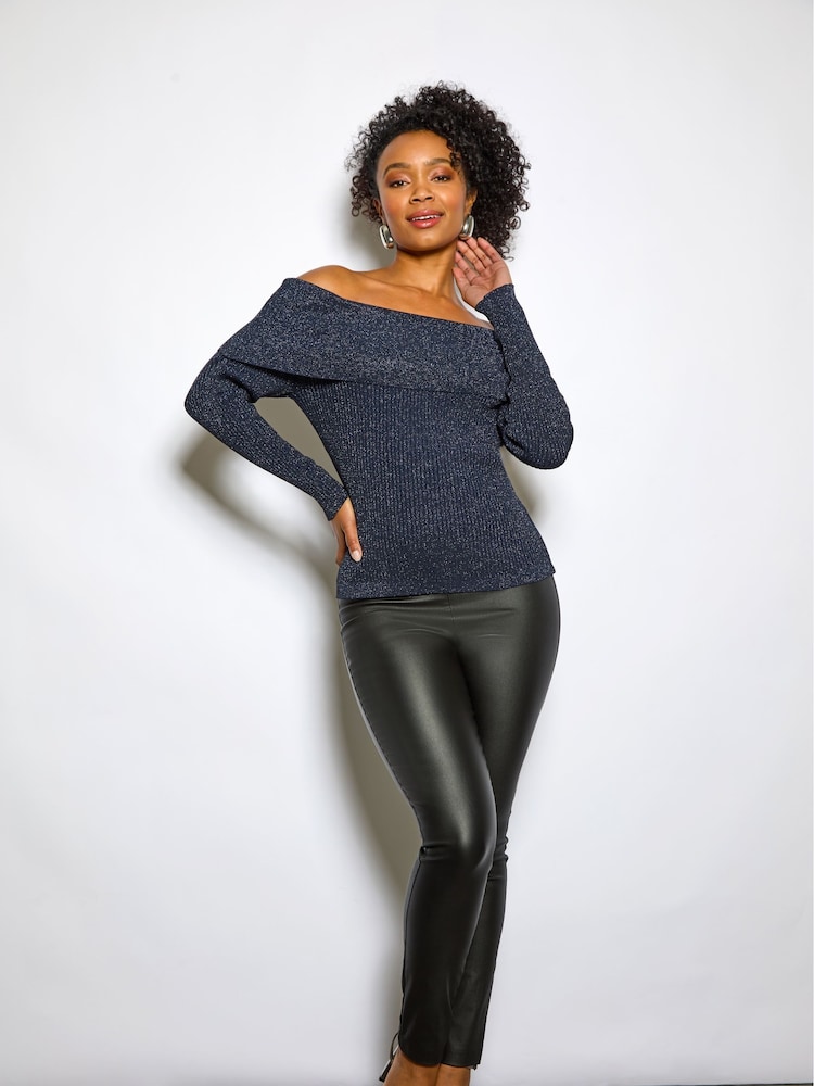 Roman Blue Petite Metallic Bardot Knit Top - Image 2 of 7