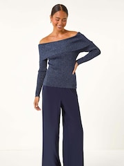 Roman Blue Petite Metallic Bardot Knit Top - Image 4 of 7