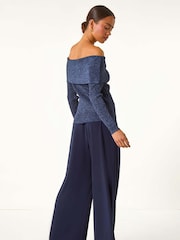Roman Blue Petite Metallic Bardot Knit Top - Image 5 of 7
