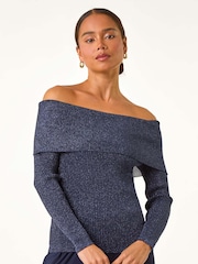 Roman Blue Petite Metallic Bardot Knit Top - Image 6 of 7