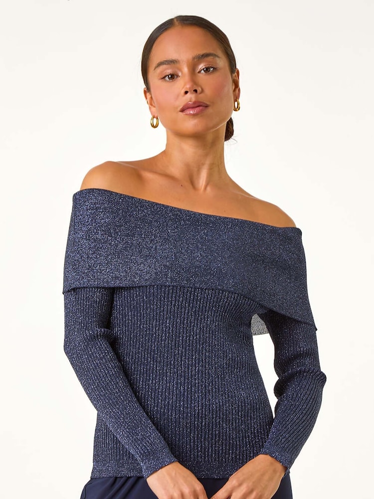 Roman Blue Petite Metallic Bardot Knit Top - Image 6 of 7