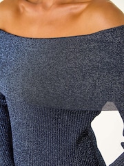 Roman Blue Petite Metallic Bardot Knit Top - Image 7 of 7