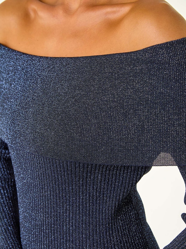 Roman Blue Petite Metallic Bardot Knit Top - Image 7 of 7