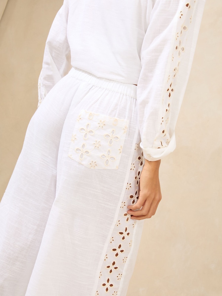 Lipsy White 100% Cotton Wide Leg Broderie Beach Trousers - Image 4 of 4