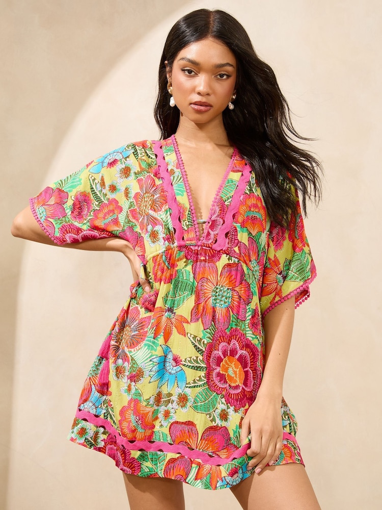 Lipsy Pink Floral Printed Kaftan with Ric Rac Trim - Image 1 of 4