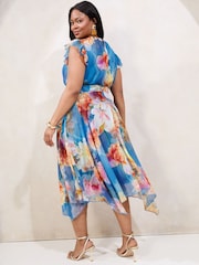 Lipsy Blue Curve Floral Printed Frill Sleeve Fit And Flare Midi Dress - Image 4 of 4
