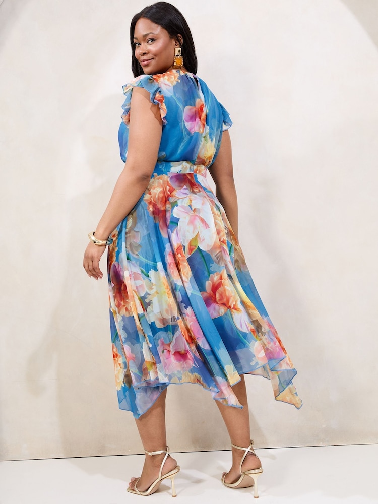 Lipsy Blue Curve Floral Printed Frill Sleeve Fit And Flare Midi Dress - Image 4 of 4