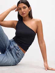 Black Soft Touch Polyamide One Shoulder Ruched Top - Image 1 of 5