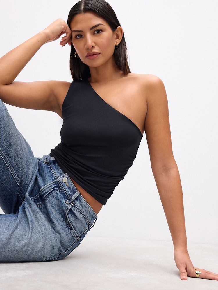 Black Soft Touch Polyamide One Shoulder Ruched Top - Image 1 of 5