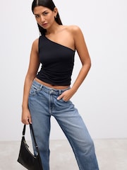 Black Soft Touch Polyamide One Shoulder Ruched Top - Image 2 of 5
