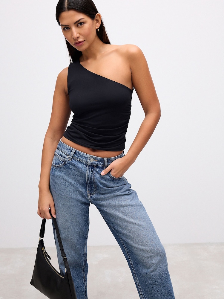 Black Soft Touch Polyamide One Shoulder Ruched Top - Image 2 of 5
