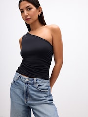Black Soft Touch Polyamide One Shoulder Ruched Top - Image 3 of 5